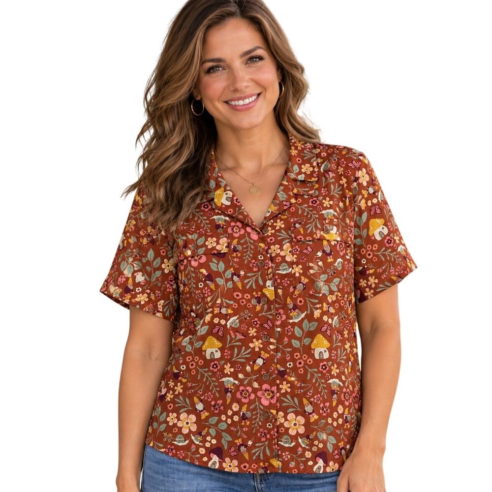 Duluth Trading Garden Gnome Artisan Hemp Top Size XL Untucked Camp Shirt Floral